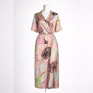 Silk Blend Tropical Print Wrap Midi Dress | Italian Design Resort Vacation Dress